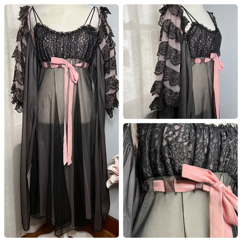 Vintage 1950s Eye-Ful Peignoir Robe Gown‎ Ruffles Lace Black Pink Nylon Medium